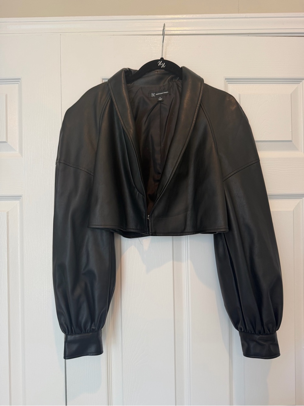 INC Black Faux Leather Cropped Jacket Open Front Balloon Sleeve Small